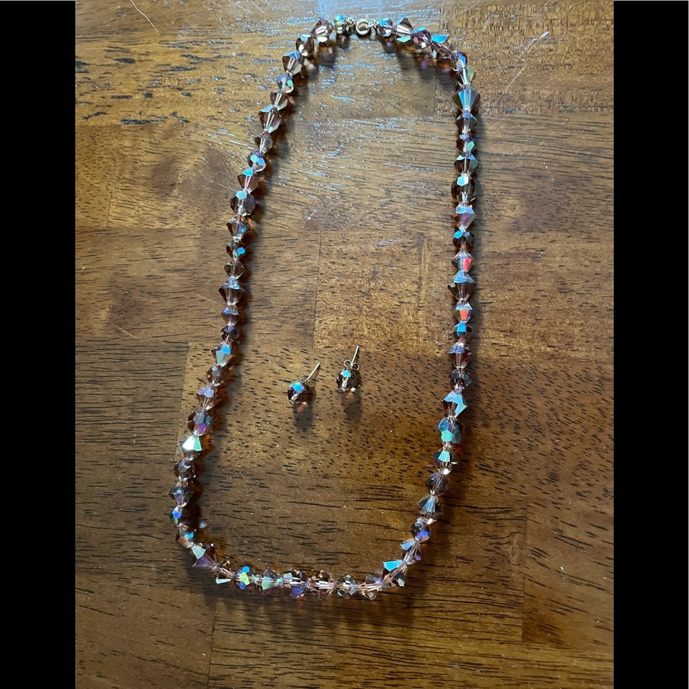 Vintage peach colored crystal necklace & earings